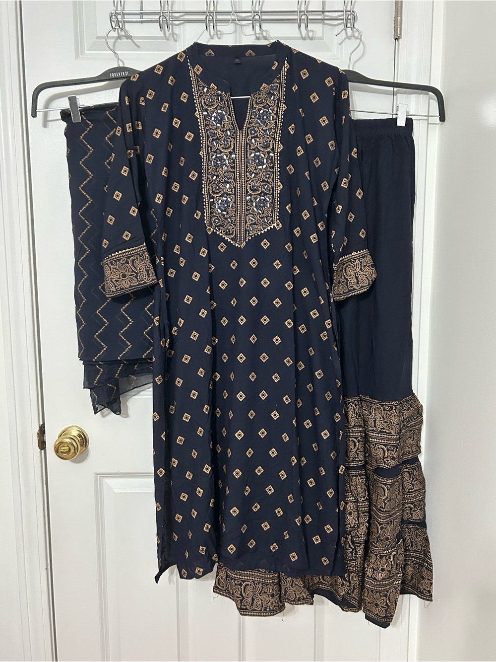 Indian Pakistani 3 piece stitched suit in navy blue and gold